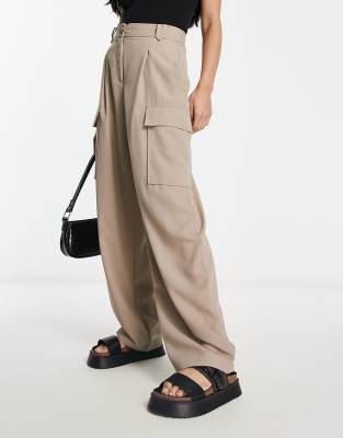 River Island wide leg cargo utility pants in beige-Neutral