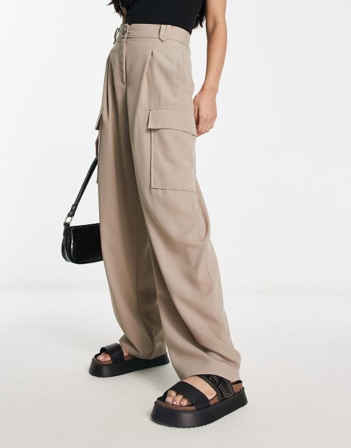 River Island wide leg cargo utility pants in beige
