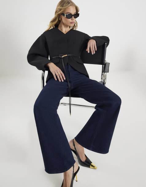River Island Wide leg corset button up jeans in denim - dark - view 1