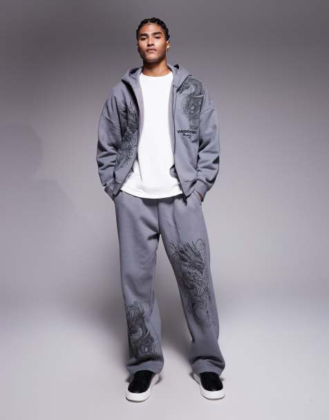 River Island wide leg dragon print sweatpants in gray - view 1