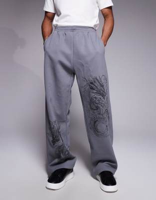 River Island Wide Leg Dragon Print Sweatpants In Gray