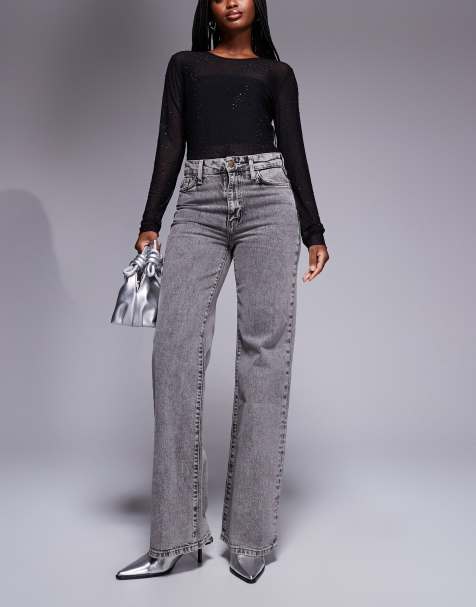 River Island wide leg jean with detachable belt in grey - view 1