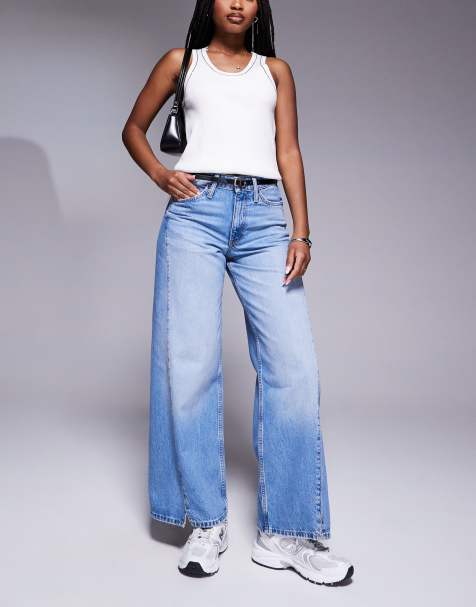 River Island wide leg jean with detachable belt in lightwash blue - view 1