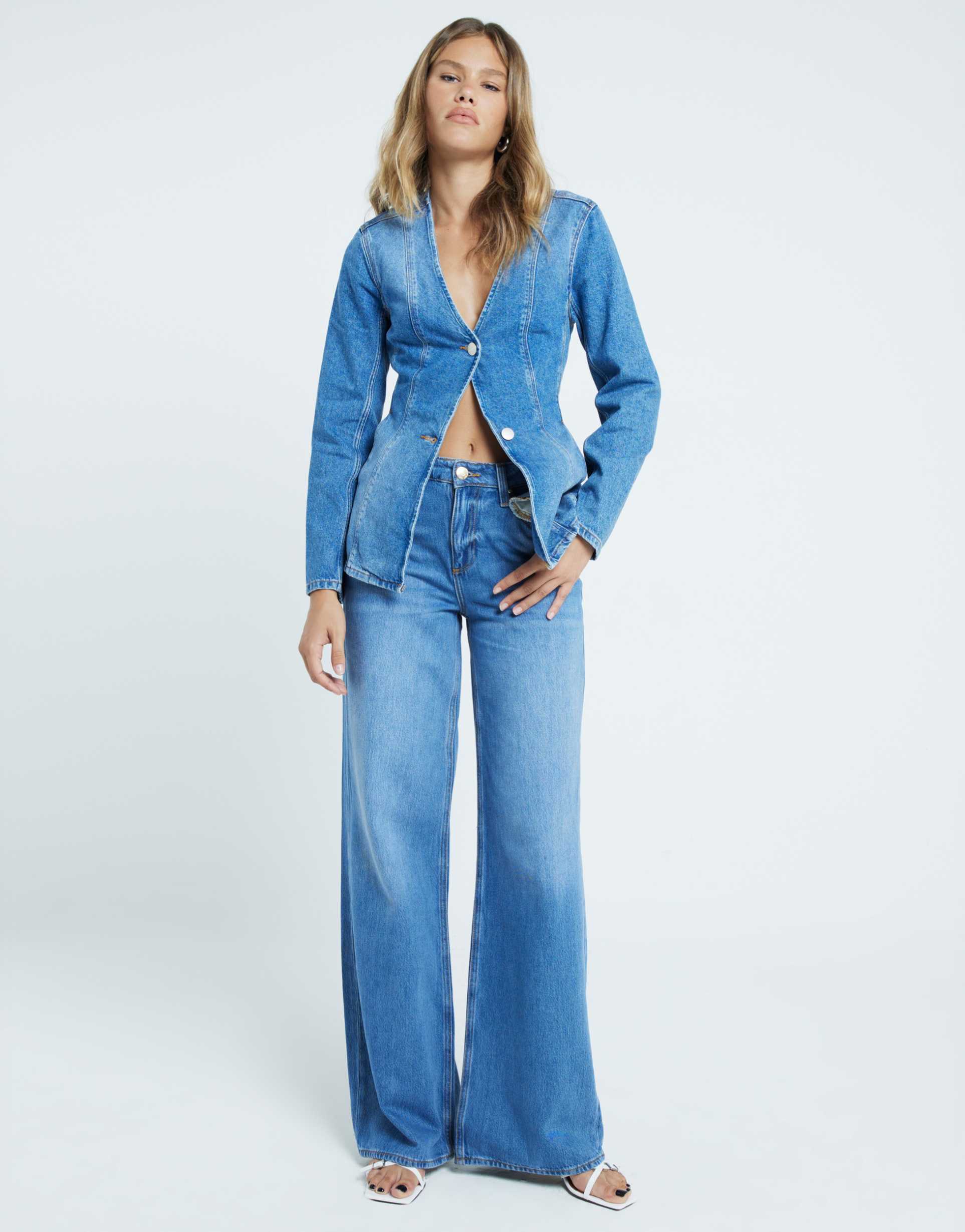 river island wide leg jeans in midwash blue