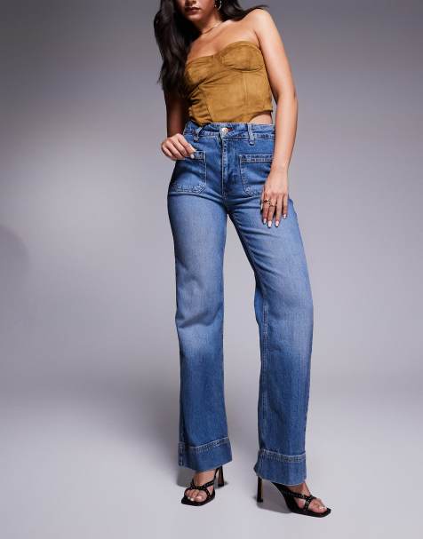 River Island wide leg jeans in midwash blue - view 1