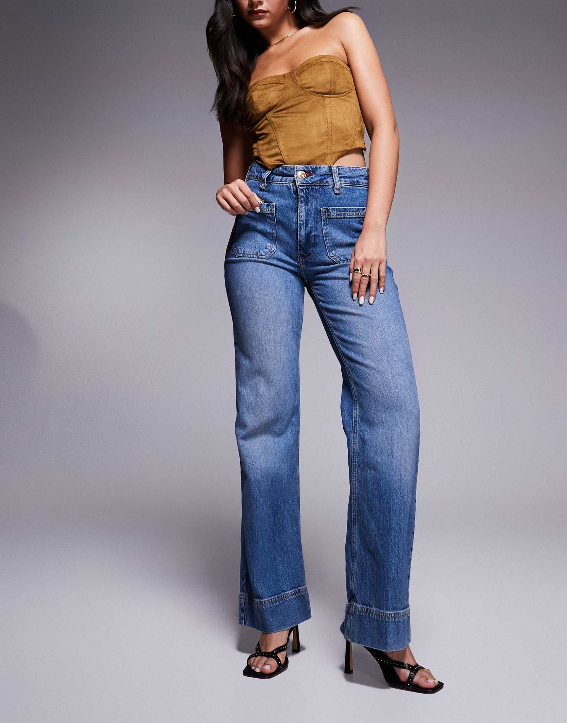 river island wide leg jeans in midwash blue