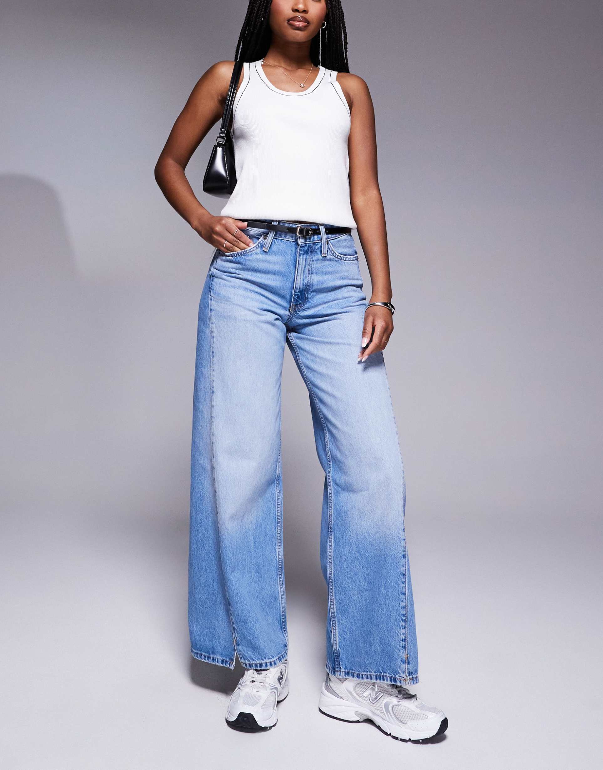 river island wide leg jeans with detachable belt in lightwash blue