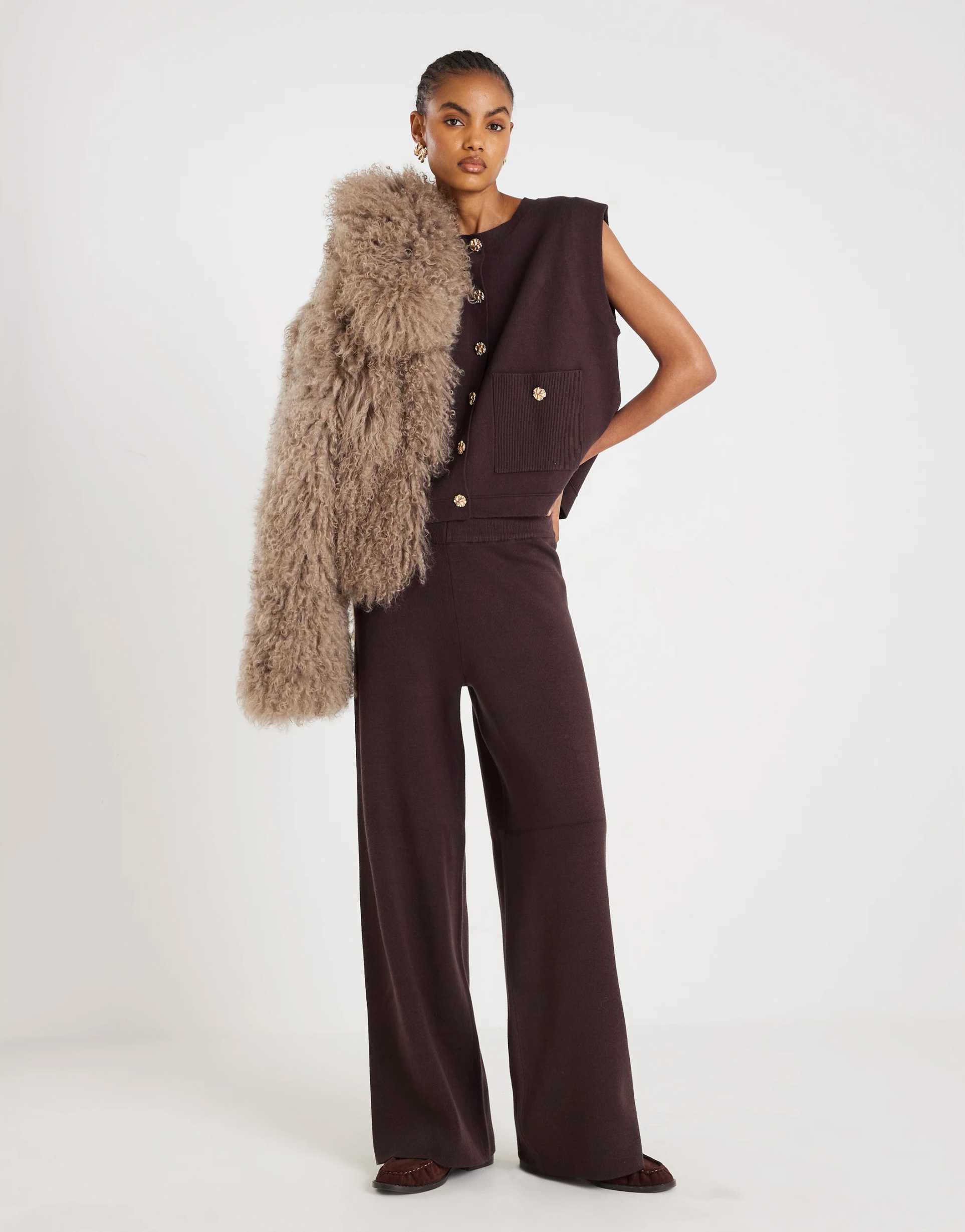 river island wide leg knit pants in brown - dark