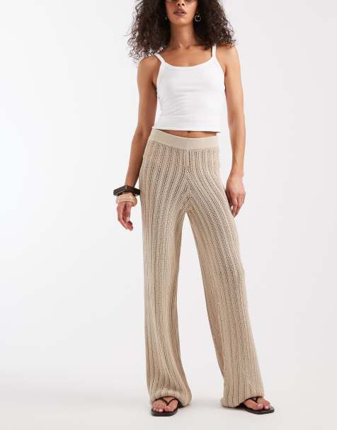 River Island wide leg knitted pants in stone - view 1