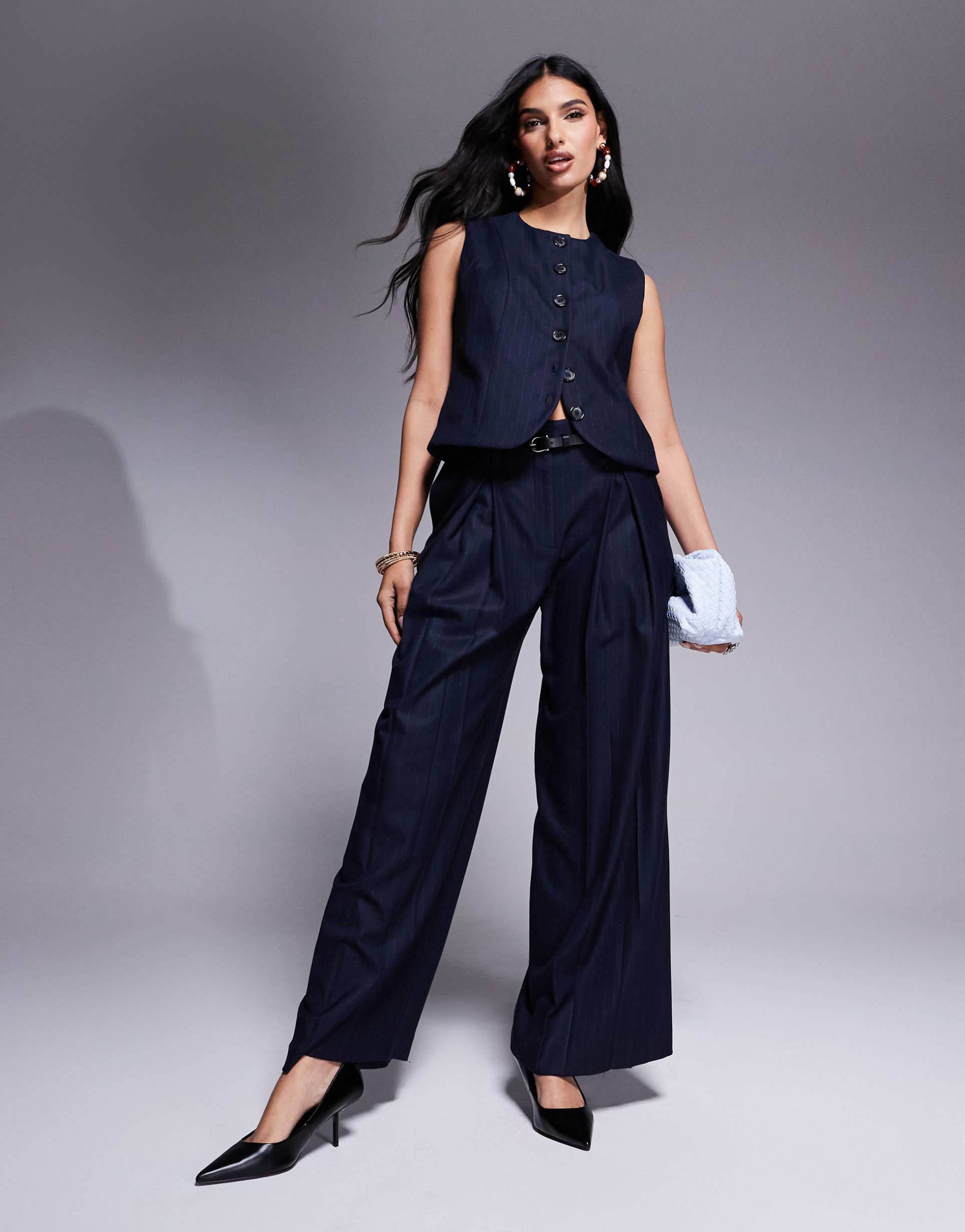 river island wide leg pants in navy pinstripe