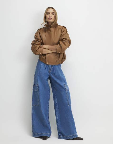 River Island Wide leg pleated cargo pocket jeans in denim - light - view 1