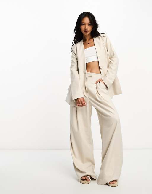 River Island wide leg pleated dad pants in cream (part of a tri-set)