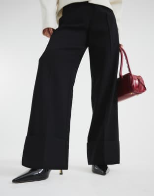 River Island Wide Leg Pleated Pants In Black