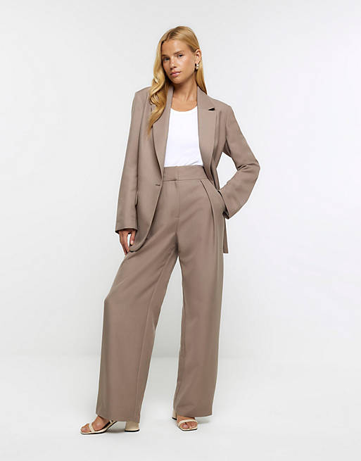 River Island Wide leg pleated trousers in brown - light | ASOS