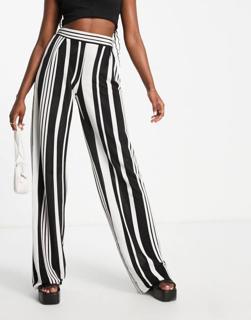 River Island wide leg plisse pants in black stripe | ASOS