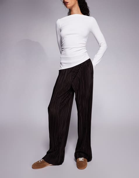 River Island wide leg plisse pants in dark brown - view 1