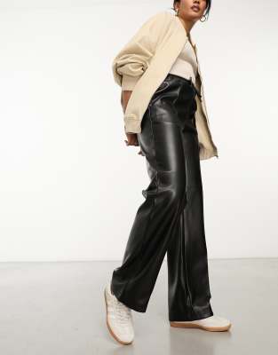 wide leg PU pants with elastic waist in black