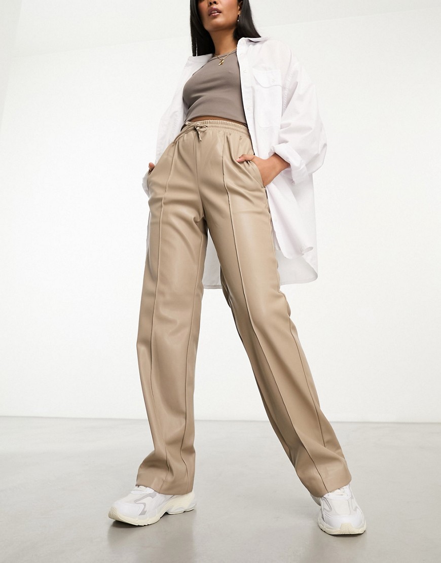 River Island wide leg PU trouser with elastic waist in cream-White