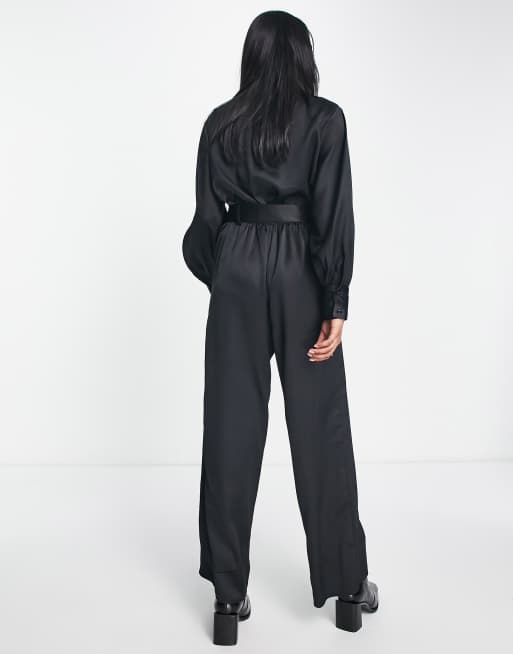 Black Satin Jumpsuit - Short Sleeve Jumpsuit - Wide-Leg Jumpsuit