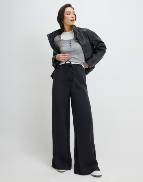 River Island Wide leg pyjama style drawstring jeans in black - view 1