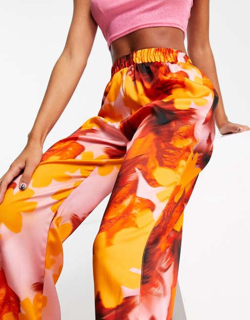 Orange Silk Satin Feather Top and Wide Leg Pants for Women