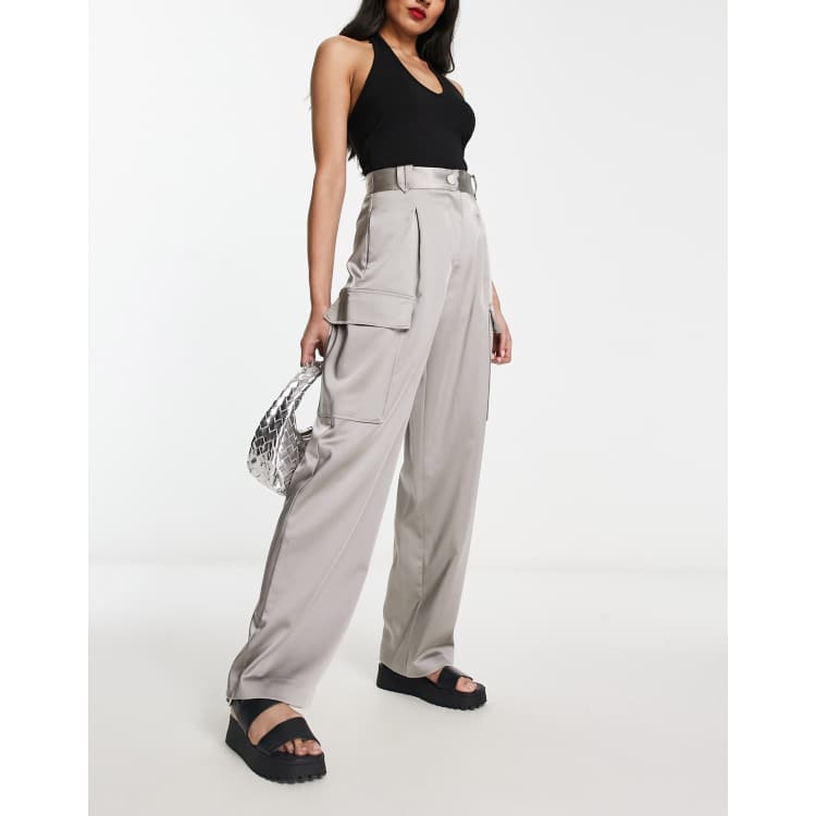 River Island wide leg satin utility pants in silver