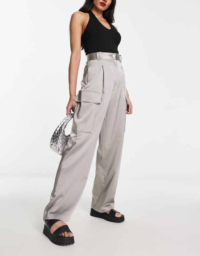 River Island wide leg satin utility pants in silver