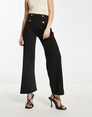 River Island Wide Leg Scuba Pants With Button Detail In Black