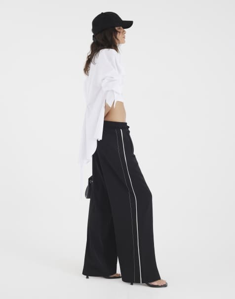 River Island Wide leg side striped joggers in black