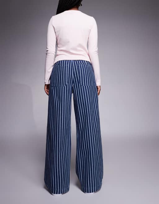 River Island wide leg stripe jean with drawstring waist in dark denim, 3 of 5