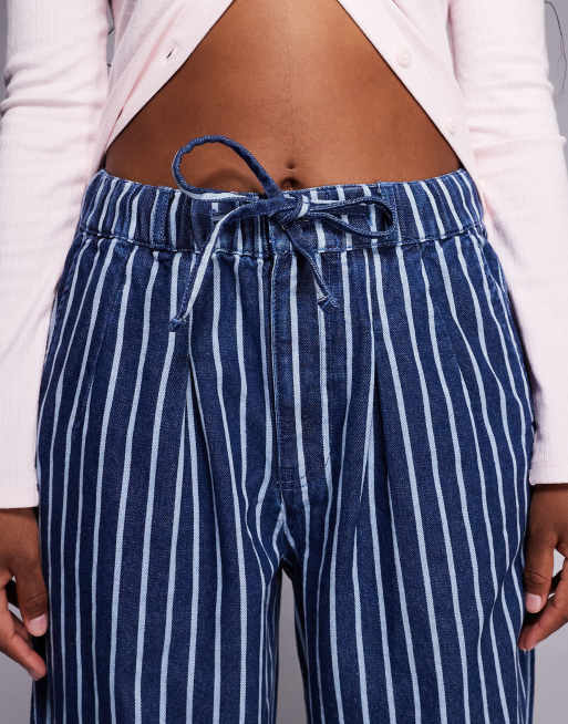 River Island wide leg stripe jean with drawstring waist in dark denim, 4 of 5