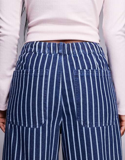 River Island wide leg stripe jeans with drawstring waist in dark denim, 5 of 5
