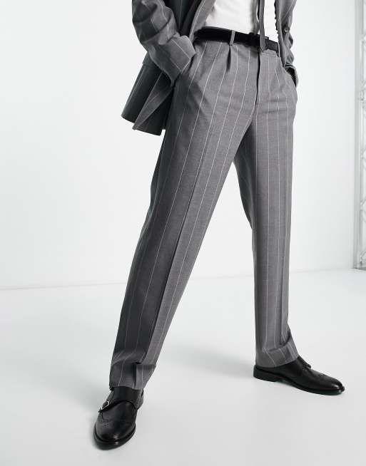 River Island wide leg stripe suit pants in gray