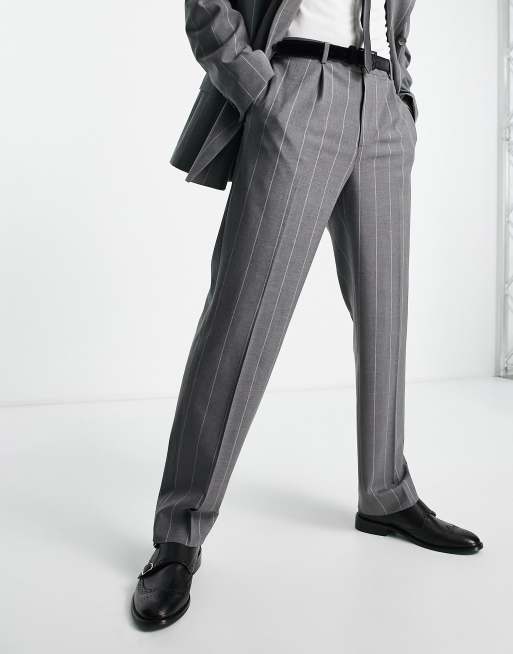 River Island wide leg stripe suit pants in grey