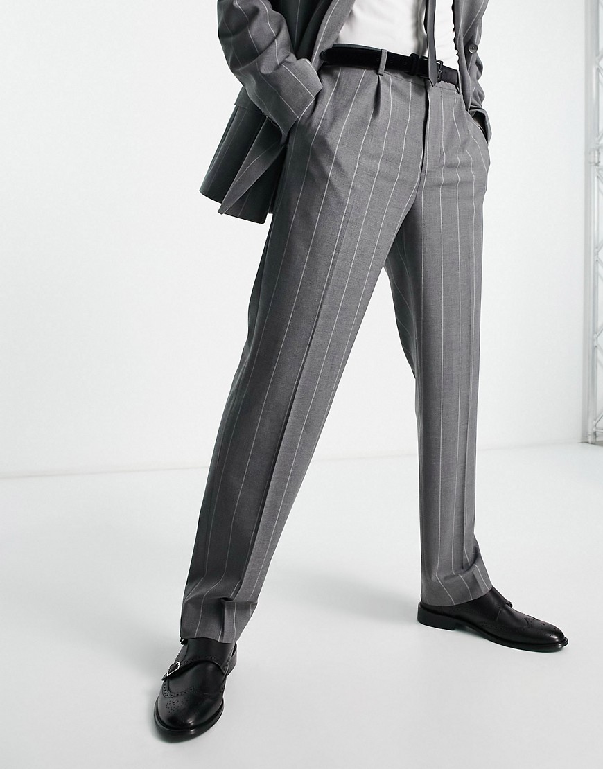 River Island wide leg stripe suit trouser in grey