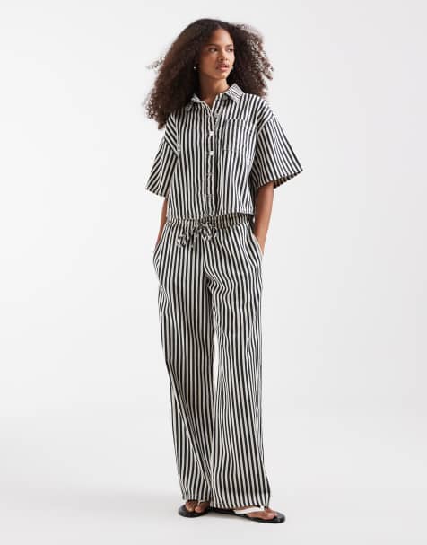 River Island wide leg striped detail pj fit jeans in white - view 1