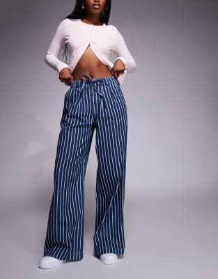 River Island Wide Leg Striped Jeans With Drawstring Waist In Blue