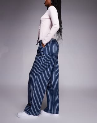 River Island Wide Leg Striped Jeans With Drawstring Waist In Blue