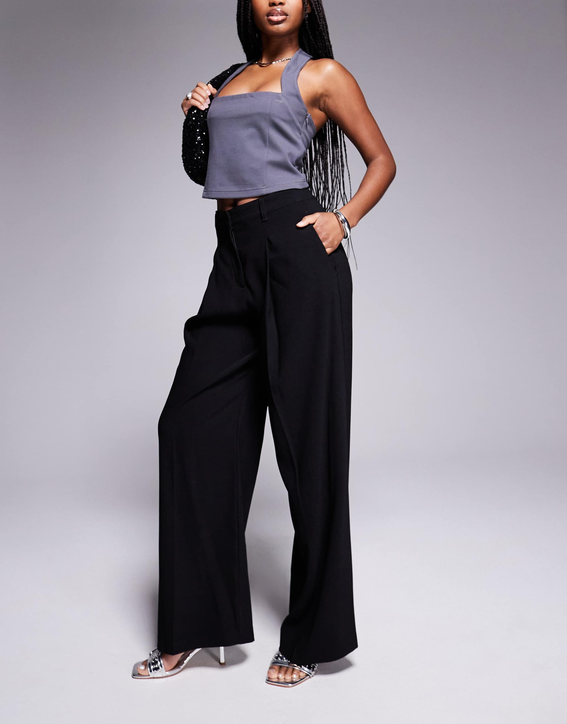 river island wide leg tailored pants in black