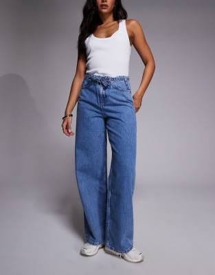 River Island wide leg tie front jeans in mid denim