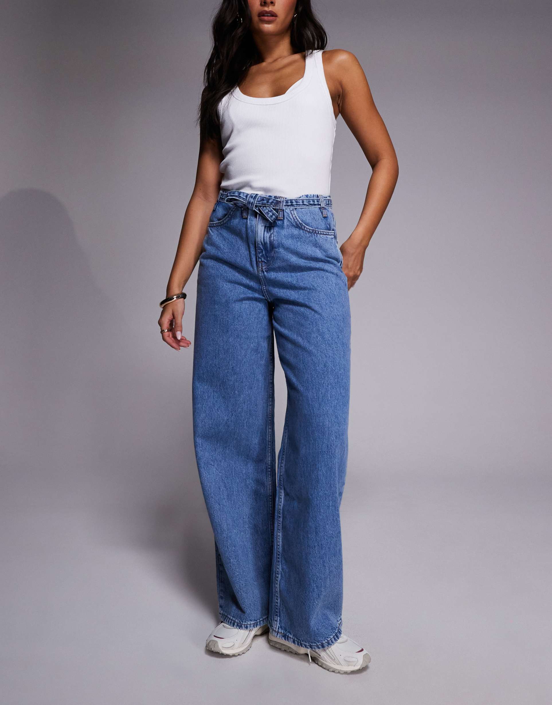 river island wide leg tie front jeans in mid denim