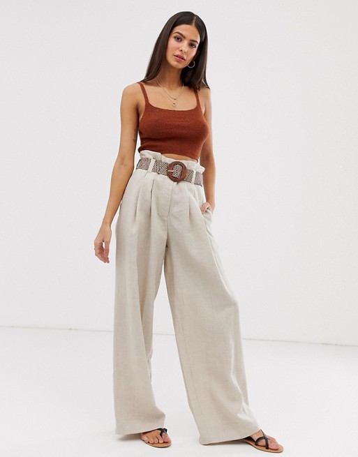 River Island wide leg trousers with belt in oatmeal