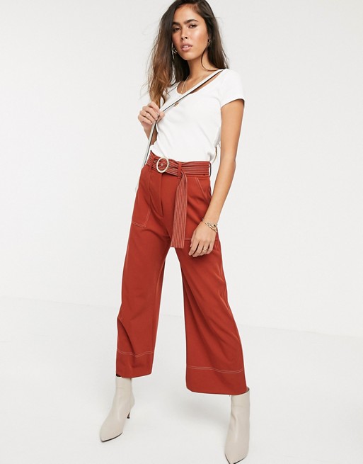 River Island wide leg trousers with contrast stitching in rust