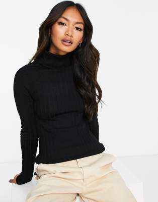 River Island wide rib roll neck jumper in black | ASOS