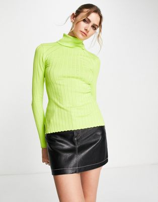 River Island wide rib roll neck jumper in lime