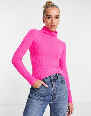 RIVER ISLAND WIDE RIB ROLL NECK SWEATER IN PINK