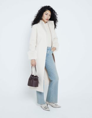 River Island Wool blend faux fur cuff longline coat in cream