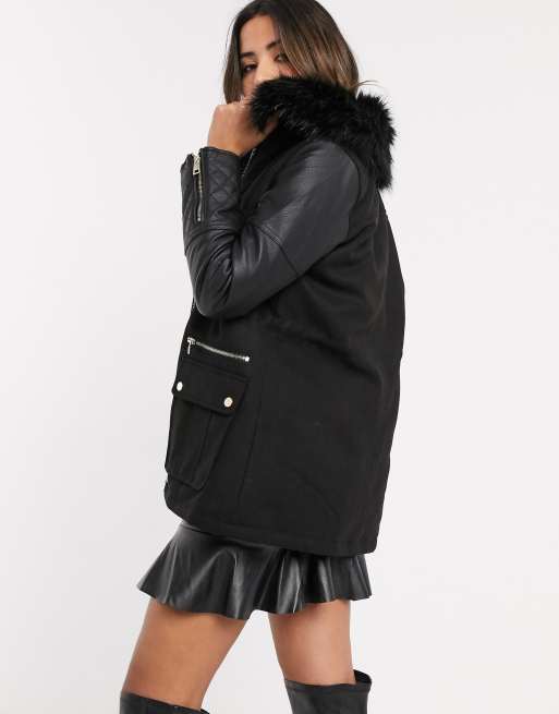 Black wool coat with leather clearance sleeves