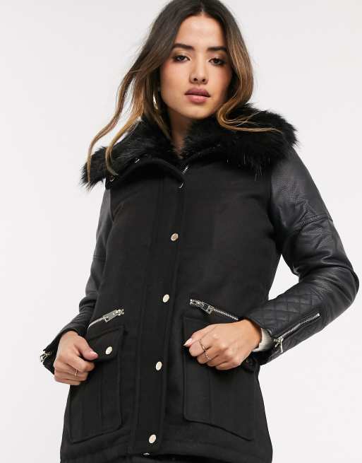 Wool coat with deals faux leather sleeves