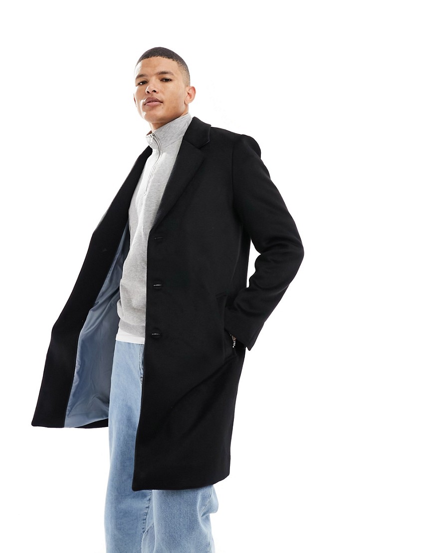 River Island Wool Mix Collar Detail Overcoat In Black